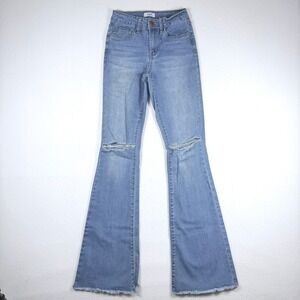 YMI Juniors High Rise Flare Jeans Light Wash Ripped Knee Frayed Blue Size 1/24
